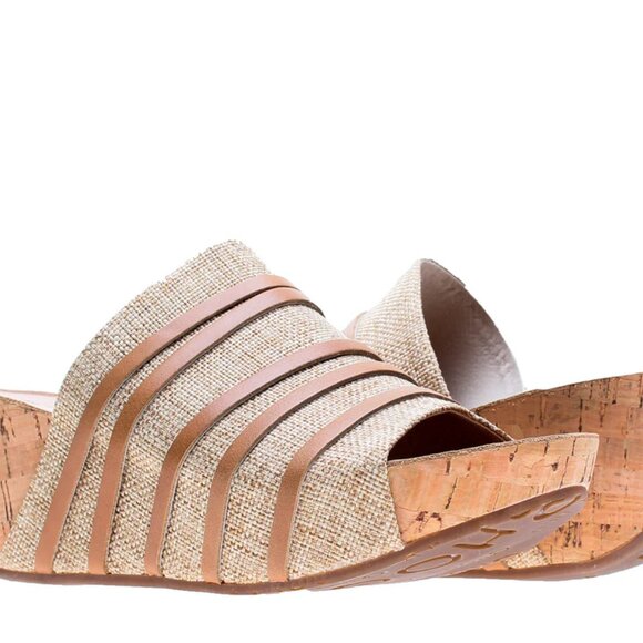 Chocolat Blu Women's Linen Leather Slip-On Cork Platform Wedge Sandal Heels Sz 8 - Picture 1 of 12